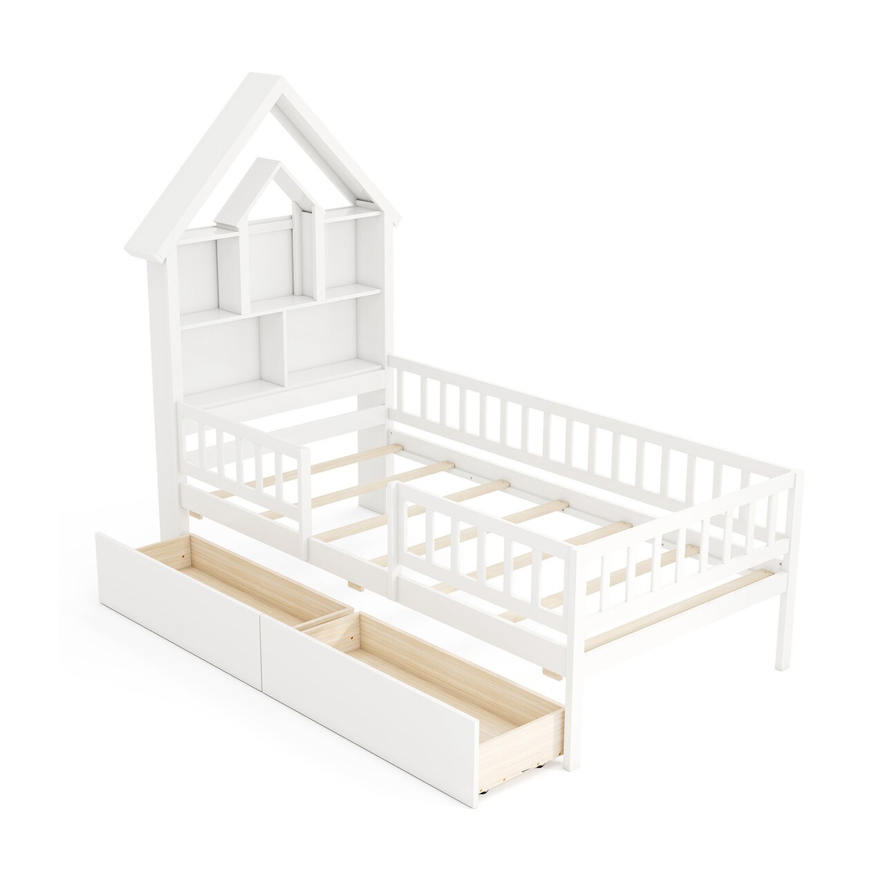 Pine Wood Twin Size Montessori Bed with Storage Drawers, Guardrails and House Design